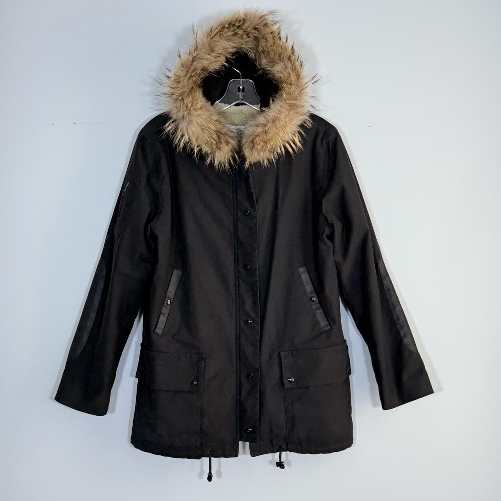 Sandro Fur Trimmed Parka Jacket Black Sherpa Lined Hooded Coat Women’s Size 2 M - Picture 7 of 16